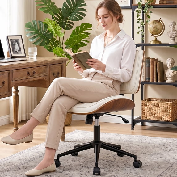 COOLHUT Home Office Chair, Armless Adjustable Height Small Office Desk Chair, PU Leather Swivel Computer Chair, Modern Walnut Bentwood Chair for Office, Reading Meeting Room, Makeup Vanity
