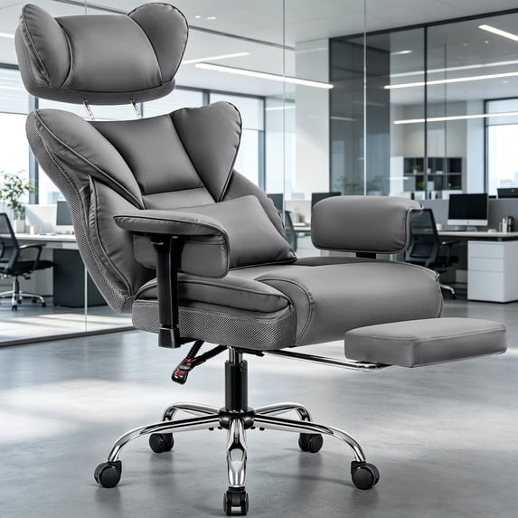 COOLHUT Big and Tall PU Leather Office Chair with Adjustable Headrest & Footrest, Executive Computer Desk Chair with 3D Adjustable Padded Armrest, Ergonomic Office Chair with Lumbar Support