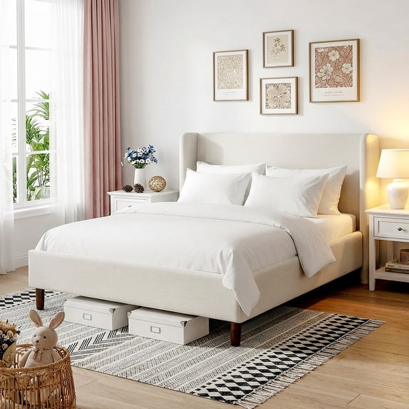 COOLHUT Bed Frame, All Wood Slats Support Platform Bed Frame, Upholstered Wingback Headboard, Solid and Stable Wooden Platform Bed Frame, No Box Spring Needed, White