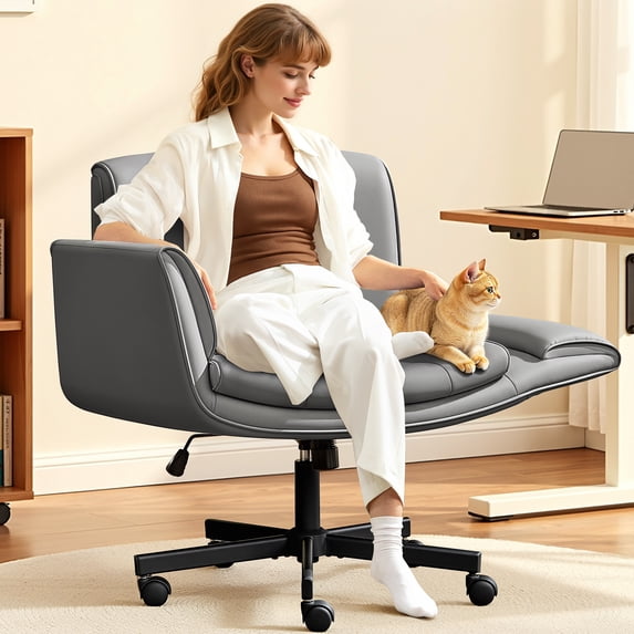COOLHUT Criss Cross Office Chair with Armrests and Wheels, PU Leather Vanity Chair, Comfy Adjustable Swivel Computer Office Desk Chairs for Home Office, Make Up, Bedroom