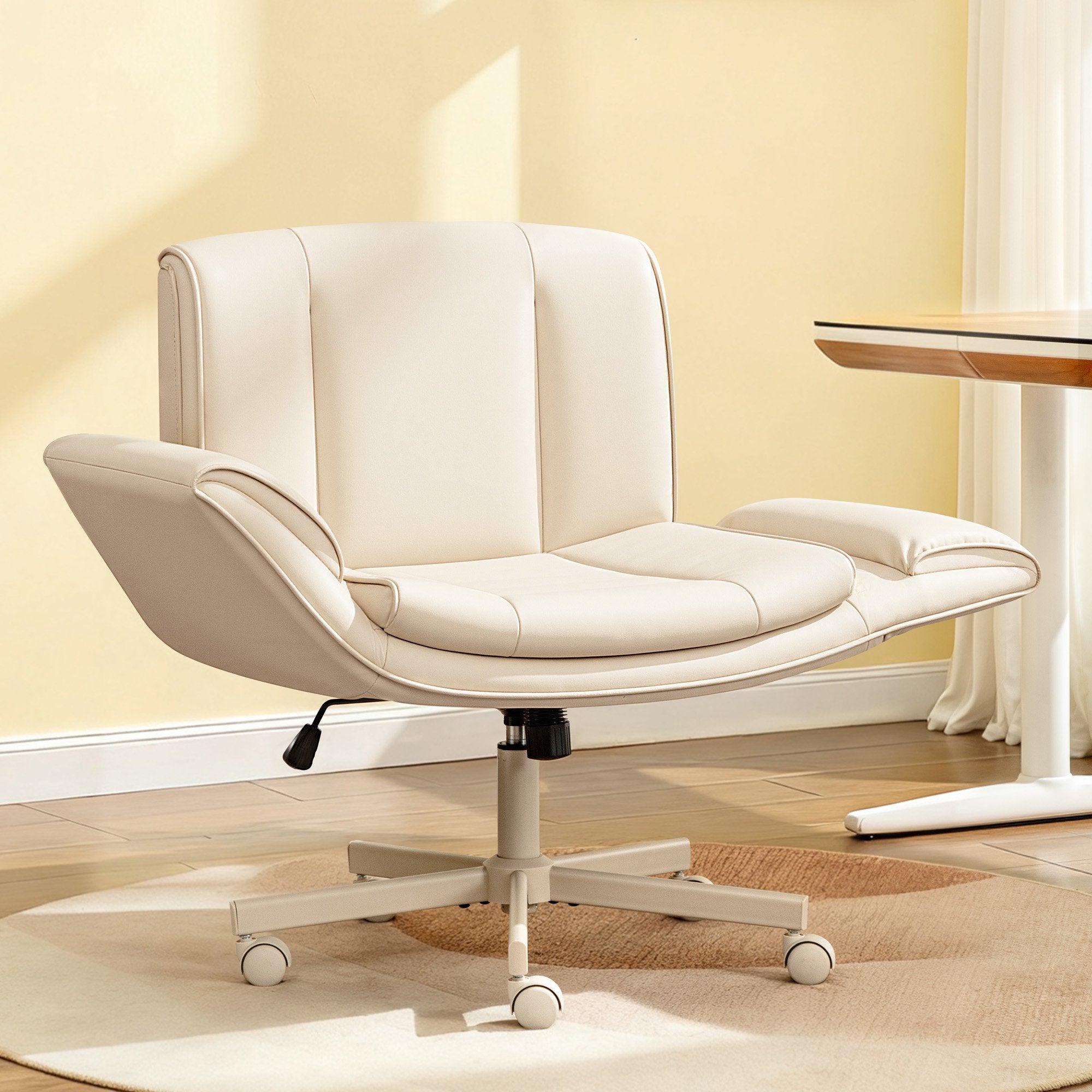 COOLHUT Criss Cross Office Chair with Armrests and Wheels, PU Leather Vanity Chair, Comfy Adjustable Swivel Computer Office Desk Chairs for Home Office, Make Up, Bedroom, White