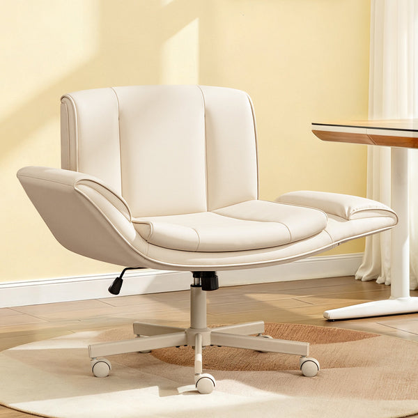 COOLHUT Criss Cross Office Chair with Armrests and Wheels, PU Leather Vanity Chair, Comfy Adjustable Swivel Computer Office Desk Chairs for Home Office, Make Up, Bedroom, White