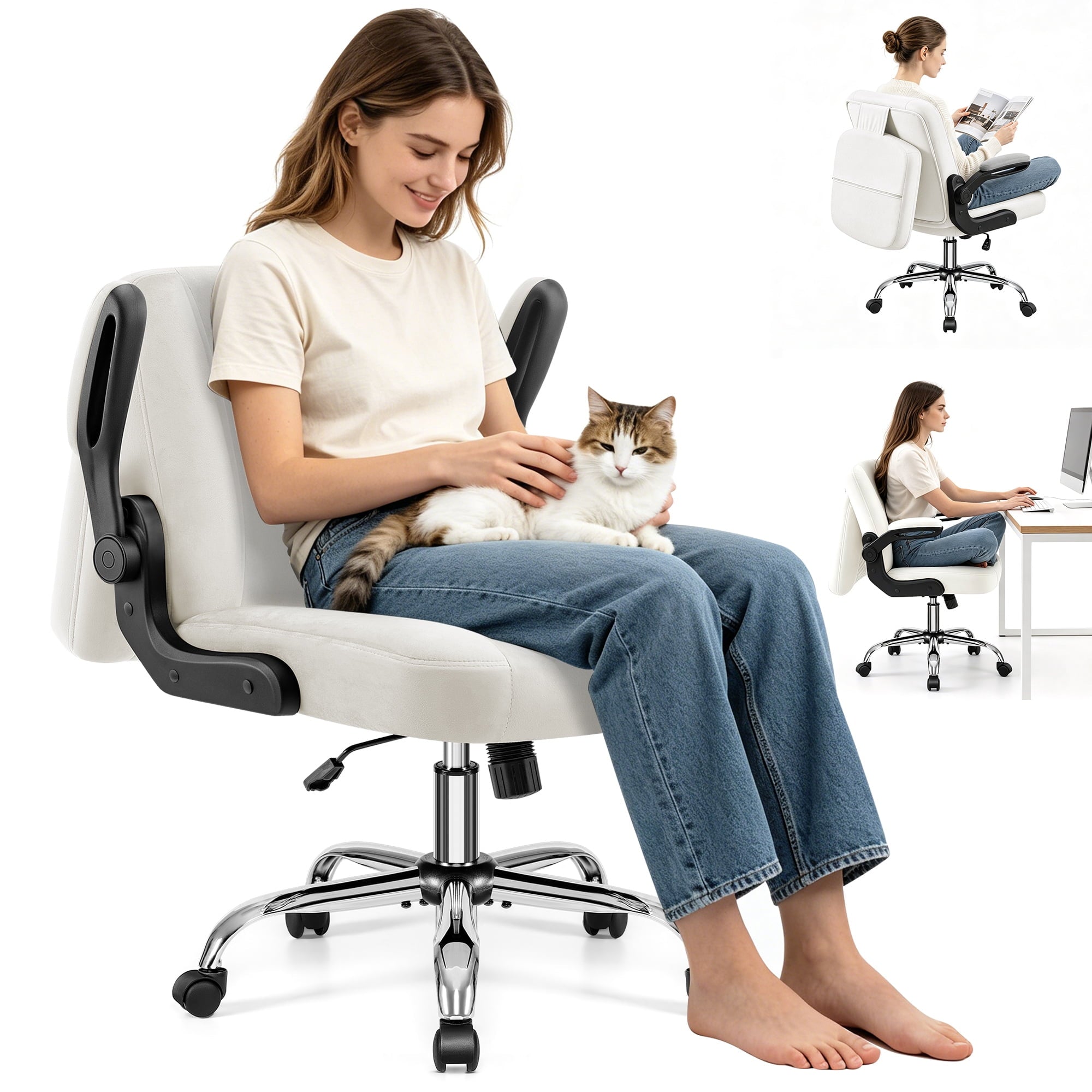 COOLHUT Criss Cross Office Chair with Flip Padded Backrest, Comfy Cross Legged Desk Chair, Flip-Up Arms & Extra-Wide Seat for Home Office, Vanity Chair