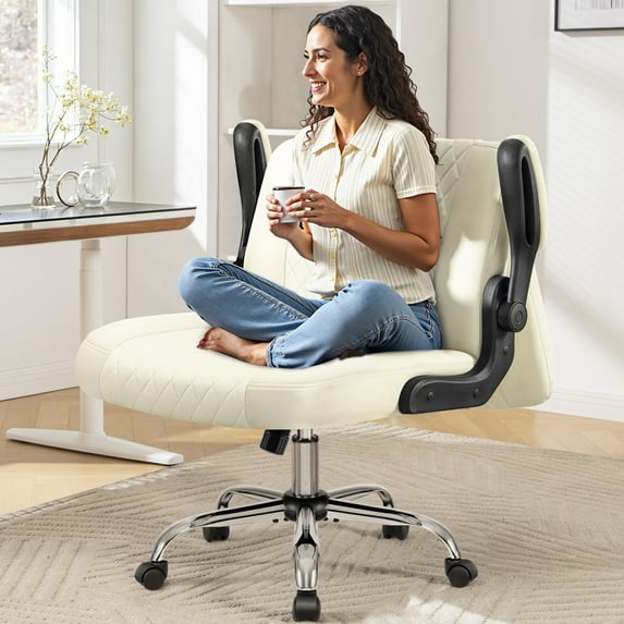 COOLHUT Criss Cross Office Chair with Flip Padded Backrest, Comfy PU Leather Cross Legged Desk Chair, Flip-Up Arms & Extra-Wide Seat for Home Office, Vanity Chair