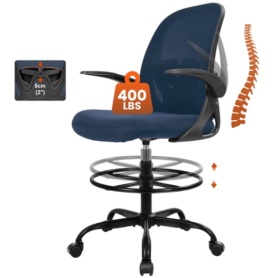 COOLHUT Tall Office Chair 400lbs, Standing Desk Chair with Flip-up Armrests, Executive Ergonomic Computer Standing Desk Chair with Lumbar Support and Adjustable Footrest Ring for Standing Desk