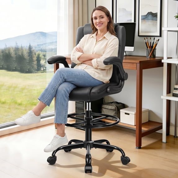 COOLHUT High Back Office Chair with Flip-Up Armrests, PU Leather Executive Ergonomic Computer Chair, Features Lumbar Support, Adjustable Foot Ring for Standing Desks, Home Offices