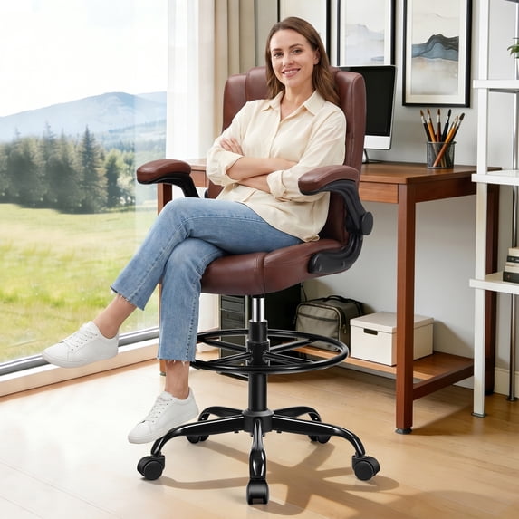 COOLHUT High Back Office Chair with Flip-Up Armrests, PU Leather Executive Ergonomic Computer Chair, Features Lumbar Support, Adjustable Foot Ring for Standing Desks, Home Offices