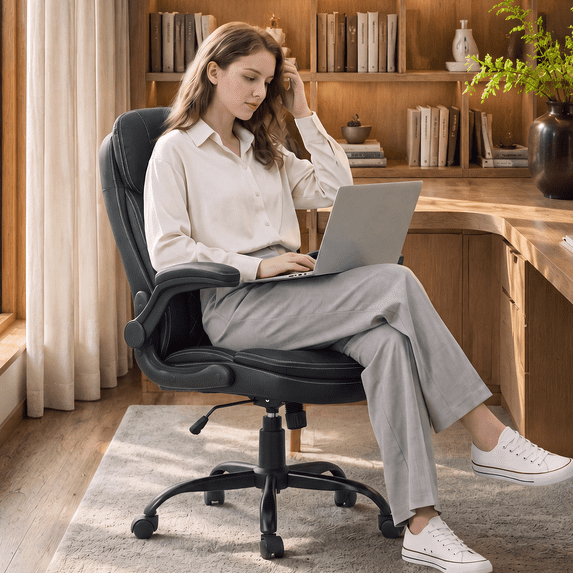 COOLHUT 400LBS Big and Tall Office Chair, Executive PU Leather Desk Chair Thick Seat Cushion and Neckrest, Support 8 Hours Heavy Duty Design, 8-Years Warranty