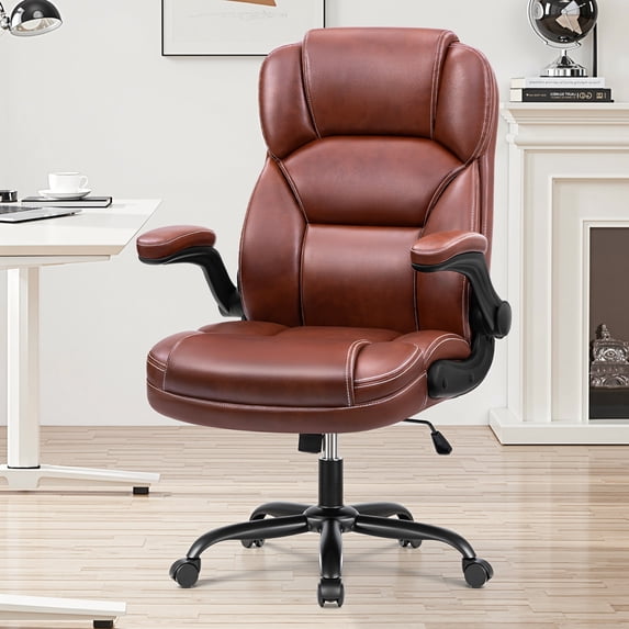 COOLHUT Bige and Tall Executive Office Chair 400lbs, Ergonomic PU Leather Computer Chair with Flip-Up Armrests, Comfy Heavy Duty Office Desk Chair for Home Office Gaming
