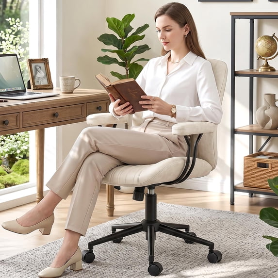 COOLHUT Home Office Chair, PU Leather Ergonomic Computer Desk Chair with Removable Armrests, Mid Century Modren Armrest Office Chair, Adjustable Height Rocking Swivel Task Chair