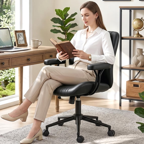 COOLHUT Home Office Chair, PU Leather Ergonomic Computer Desk Chair with Removable Armrests, Mid Century Modren Armrest Office Chair, Adjustable Height Rocking Swivel Task Chair