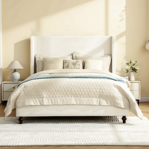 COOLHUT King Size Bed Frame, All Wood Slats Support Platform Bed Frame, Upholstered Wingback Headboard, Solid and Stable Bed Frame, No Box Spring Needed/Easy Assembly/White