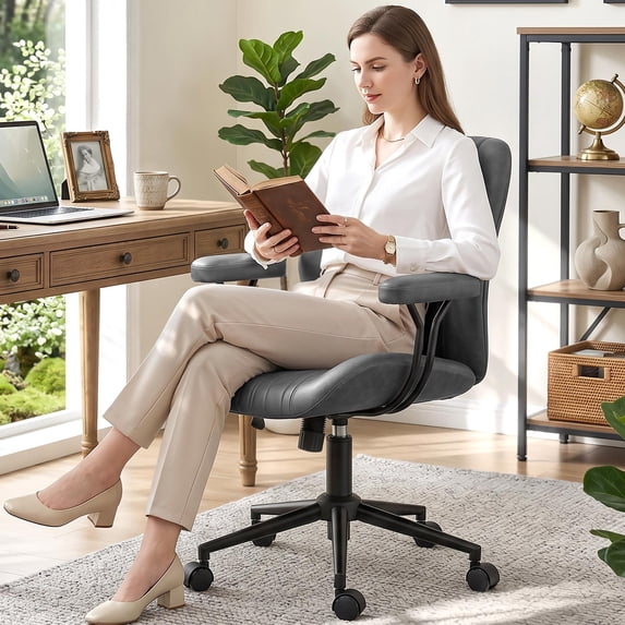COOLHUT Home Office Chair, PU Leather Ergonomic Computer Desk Chair with Removable Armrests, Mid Century Modren Armrest Office Chair, Adjustable Height Rocking Swivel Task Chair