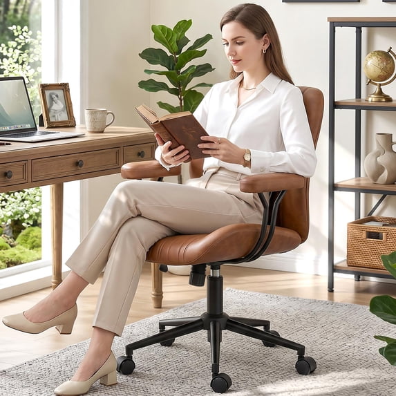 COOLHUT Home Office Chair, PU Leather Ergonomic Computer Desk Chair with Removable Armrests, Mid Century Modren Armrest Office Chair, Adjustable Height Rocking Swivel Task Chair