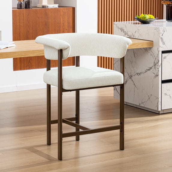 COOLHUT Modern Counter Height Bar Stool, 26 Inch Barrel Bar Stool with Wide Seat, Linen Fabric Upholstered Barstools for Kitchen Island or Home Bar