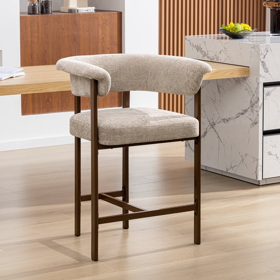 COOLHUT Modern Counter Height Bar Stool, 26 Inch Barrel Bar Stool with Wide Seat, Linen Fabric Upholstered Barstools for Kitchen Island or Home Bar