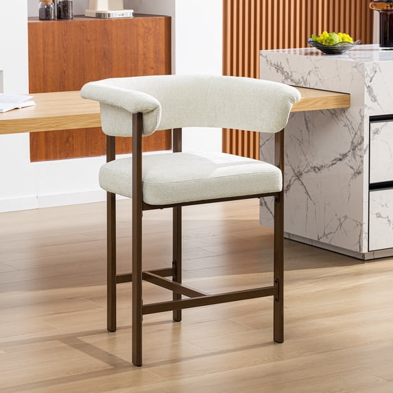 COOLHUT Modern Counter Height Bar Stool, 26 Inch Barrel Bar Stool with Wide Seat, Linen Fabric Upholstered Barstools for Kitchen Island or Home Bar