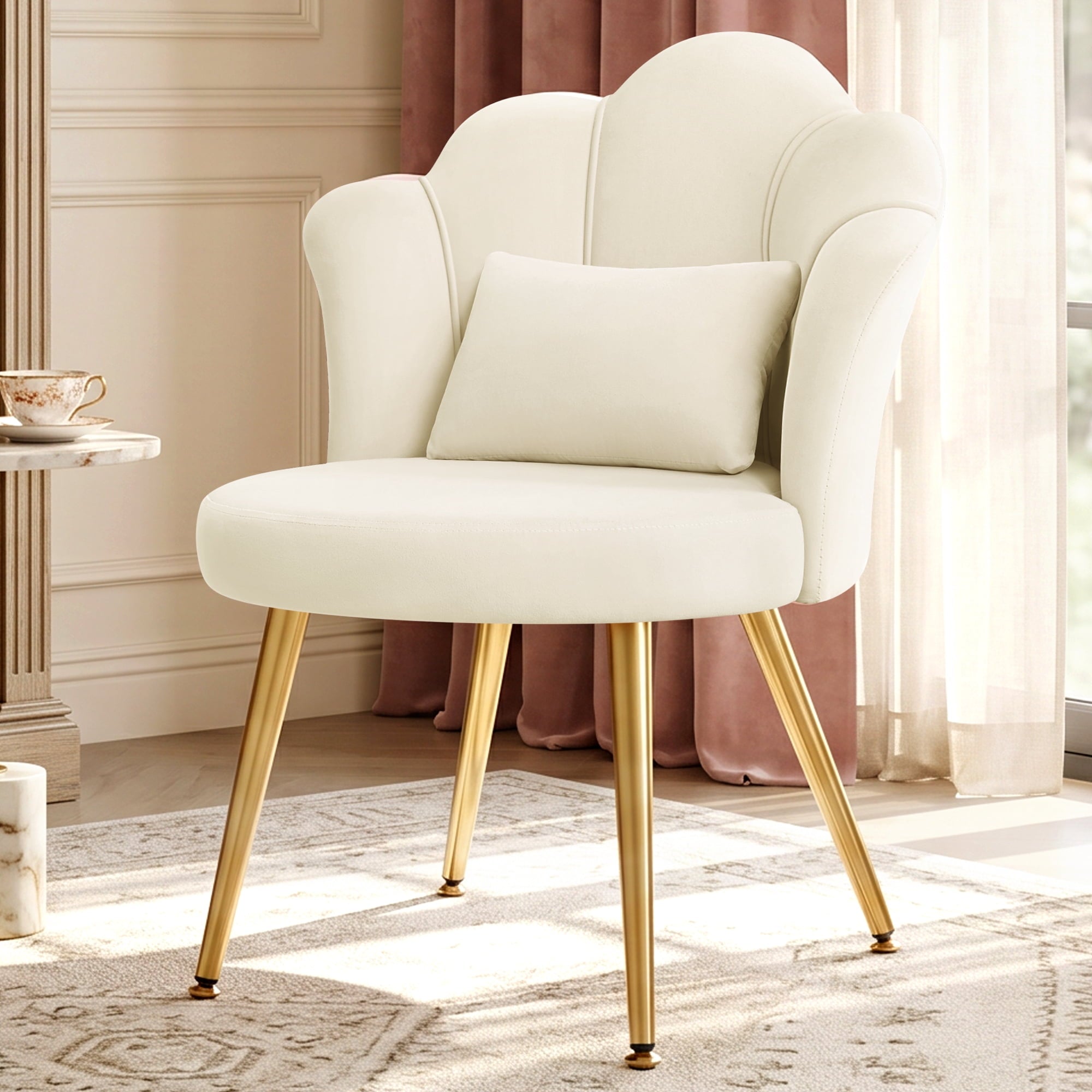 COOLHUT Petal Velvet Vanity Chair, Flower Cute Girls Mack Up Vanity Stool Chair with Lumber Pillow and Adustable Gold Legs, Upholstered Small Desk Chair for Living Room Bedroom Home Office