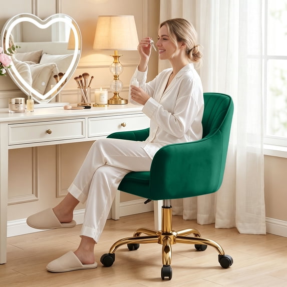 COOLHUT Office Desk Chair with Padded, Velvet Vanity Chair with Back and Wheels, Comfy Home Office Chiar with Gold Legs, Height Adjustable, Rolling Chair for Vanity Room, Makeup Room, Bedroom