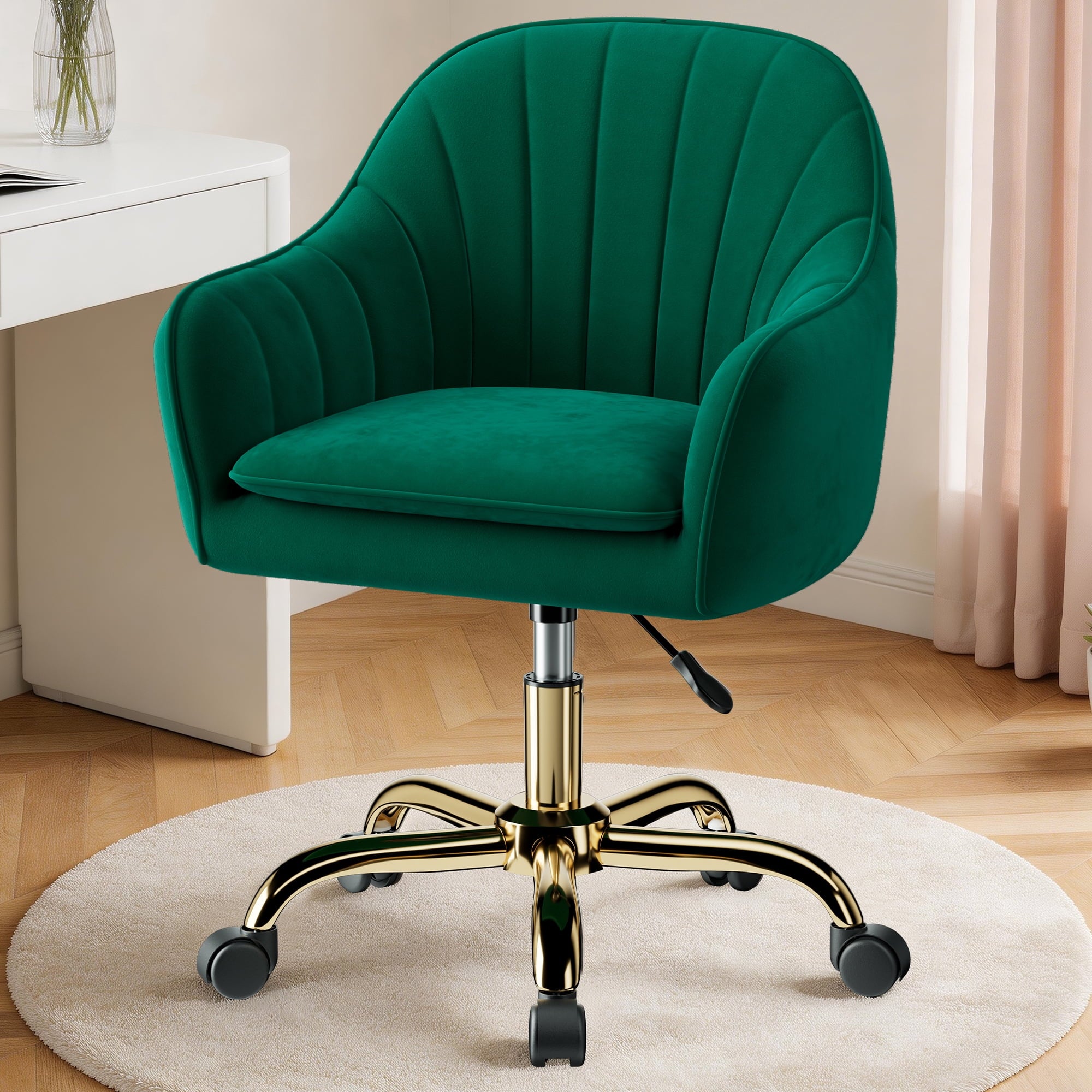 COOLHUT Office Desk Chair with Padded, Velvet Vanity Chair with Back and Wheels, Home Office Chiar with Sliver Legs, Height Adjustable, Rolling Chair for Vanity Room, Makeup Room, Bedroom