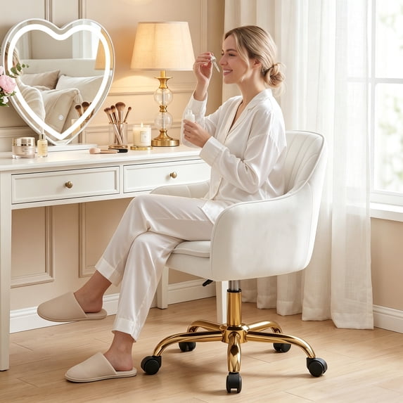 COOLHUT Office Desk Chair with Padded, Velvet Vanity Chair with Back and Wheels, Comfy Home Office Chiar with Gold Legs, Height Adjustable, Rolling Chair for Vanity Room, Makeup Room, Bedroom
