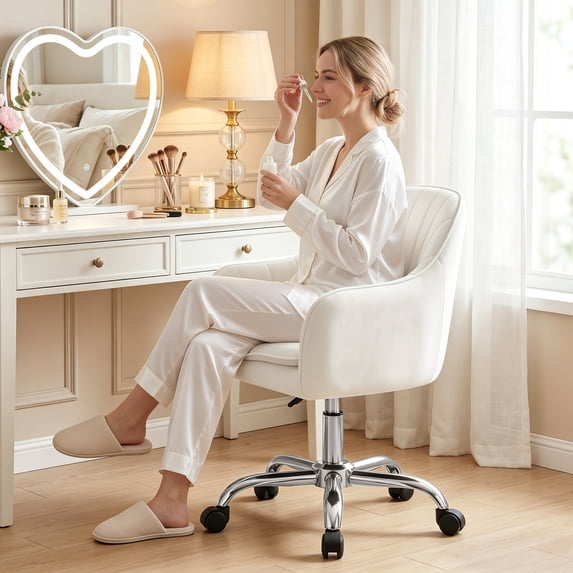 COOLHUT Office Desk Chair with Padded, Velvet Vanity Chair with Back and Wheels, Comfy Home Office Chiar with Gold Legs, Height Adjustable, Rolling Chair for Vanity Room, Makeup Room, Bedroom
