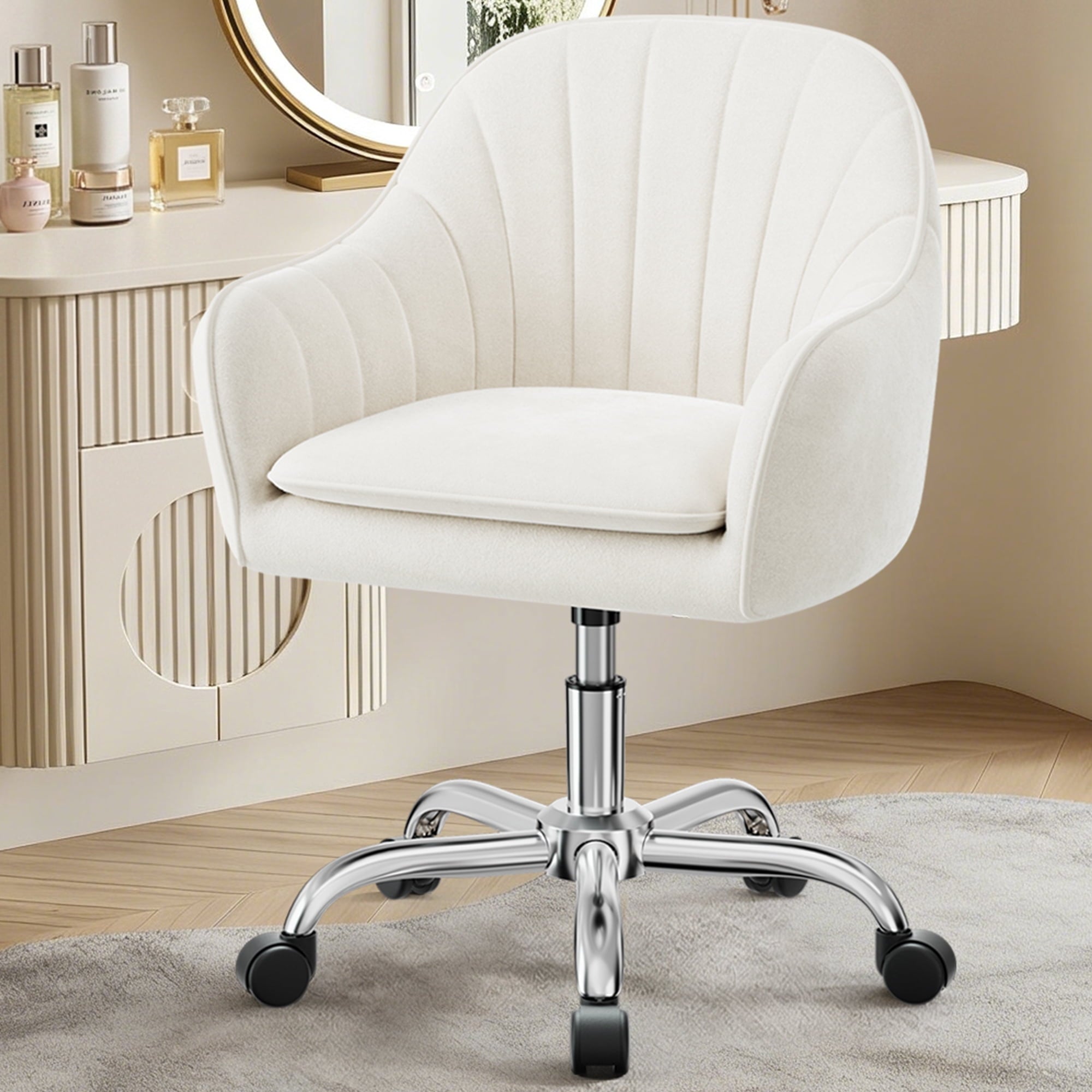 COOLHUT Office Desk Chair with Padded, Velvet Vanity Chair with Back and Wheels, Home Office Chiar with Sliver Legs, Height Adjustable, Rolling Chair for Vanity Room, Makeup Room, Bedroom