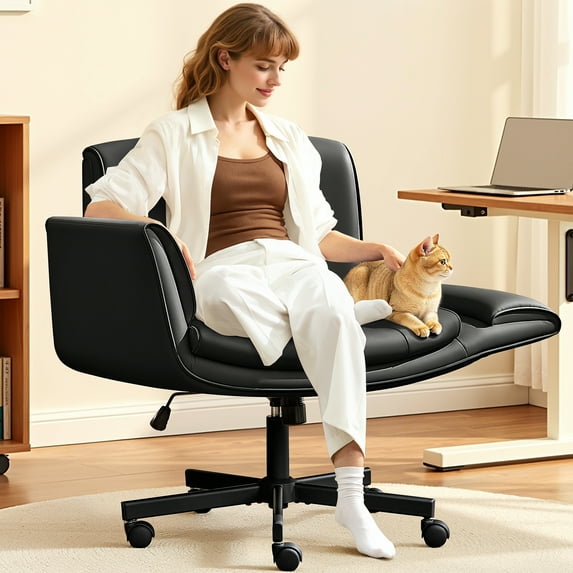 COOLHUT Criss Cross Office Chair with Armrests and Wheels, PU Leather Vanity Chair, Comfy Adjustable Swivel Computer Office Desk Chairs for Home Office, Make Up, Bedroom