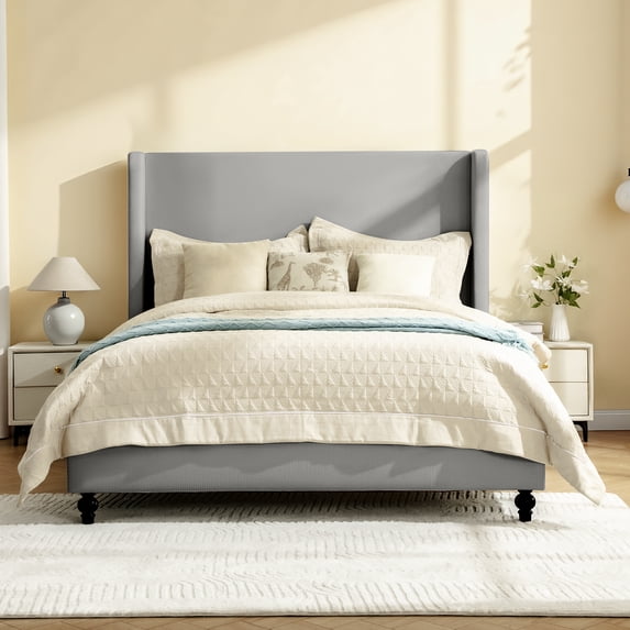 COOLHUT King Size Bed Frame, All Wood Slats Support Platform Bed Frame, Upholstered Wingback Headboard, Solid and Stable Bed Frame, No Box Spring Needed/Easy Assembly/White