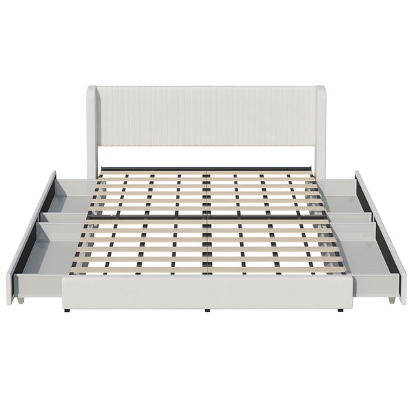 COOLHUT Upholstered Full Size Platform Bed Frame with 4 Storage Drawers and Headboard, Wing Edge Design/Noise-Free/Wooden Slats Support/No Box Spring Needed/Easy Assembly, White