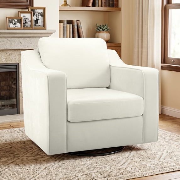 COOLHUT Swivel Accent Chair, Linen Fabric Modern Upholstered Armchair with Plump Back Pillow, Comfort Barrel Reading Chair for Living Room Bedroom