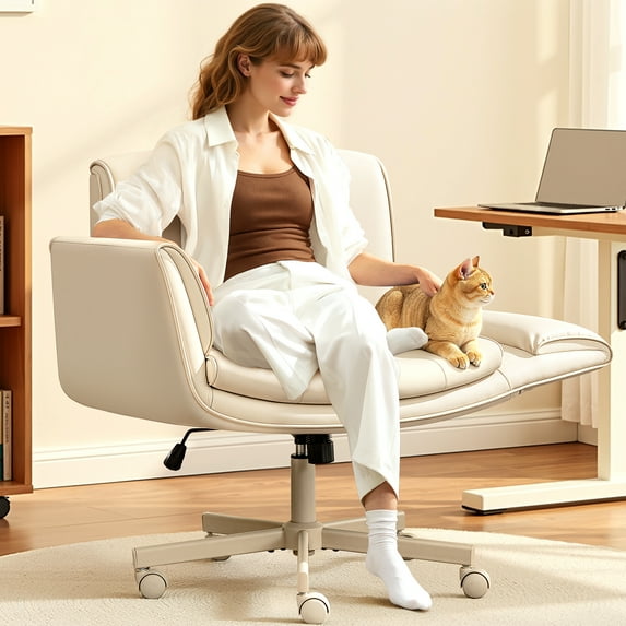 COOLHUT Criss Cross Office Chair with Armrests and Wheels, PU Leather Vanity Chair, Comfy Adjustable Swivel Computer Office Desk Chairs for Home Office, Make Up, Bedroom