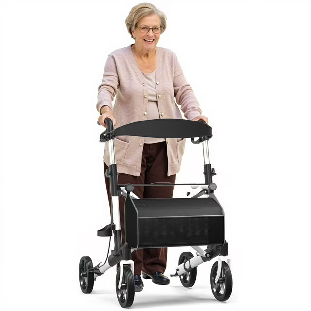 COOLHUT Lightweight Foldable Rollator Walker for Seniors, 8" Rubber Wheels Folding Walking Aid, All Terrain Height Adjustable Mobility Walking Aid with Wheels and Seat Padded