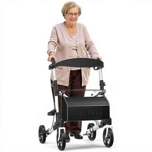 COOLHUT Lightweight Foldable Rollator Walker for Seniors, 8" Rubber Wheels Folding Walking Aid, All Terrain Height Adjustable Mobility Walking Aid with Wheels and Seat Padded