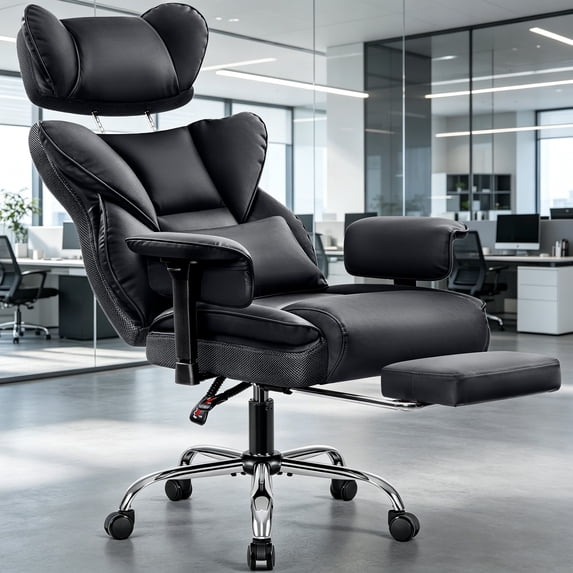 COOLHUT Big and Tall PU Leather Office Chair with Adjustable Headrest & Footrest, Executive Computer Desk Chair with 3D Adjustable Padded Armrest, Ergonomic Office Chair with Lumbar Support