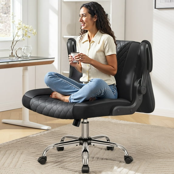 COOLHUT Criss Cross Office Chair with Flip Padded Backrest, Comfy PU Leather Cross Legged Desk Chair, Flip-Up Arms & Extra-Wide Seat for Home Office, Vanity Chair
