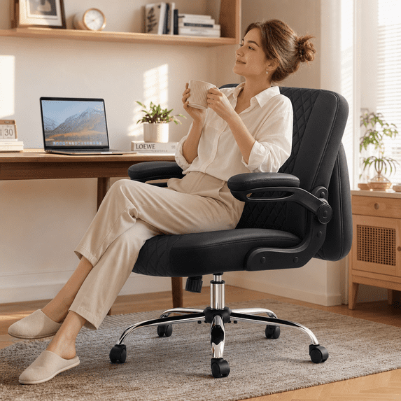 COOLHUT Criss Cross Office Chair with Flip Padded Backrest, Comfy PU Leather Cross Legged Desk Chair, Flip-Up Arms Desk Chair with Wide Seat for Office Space