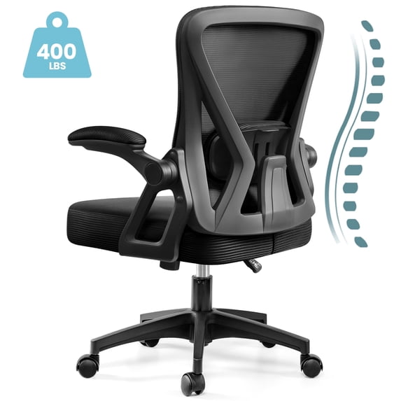 COOLHUT Office Desk Chair, 400LBS Ergonomic Mesh Rolling Work Swivel Task Chairs with Wheels, Comfortable Lumbar Support, Comfy Flip-up Arms for Home, Bedroom, Study, Student, 8-Years Warranty