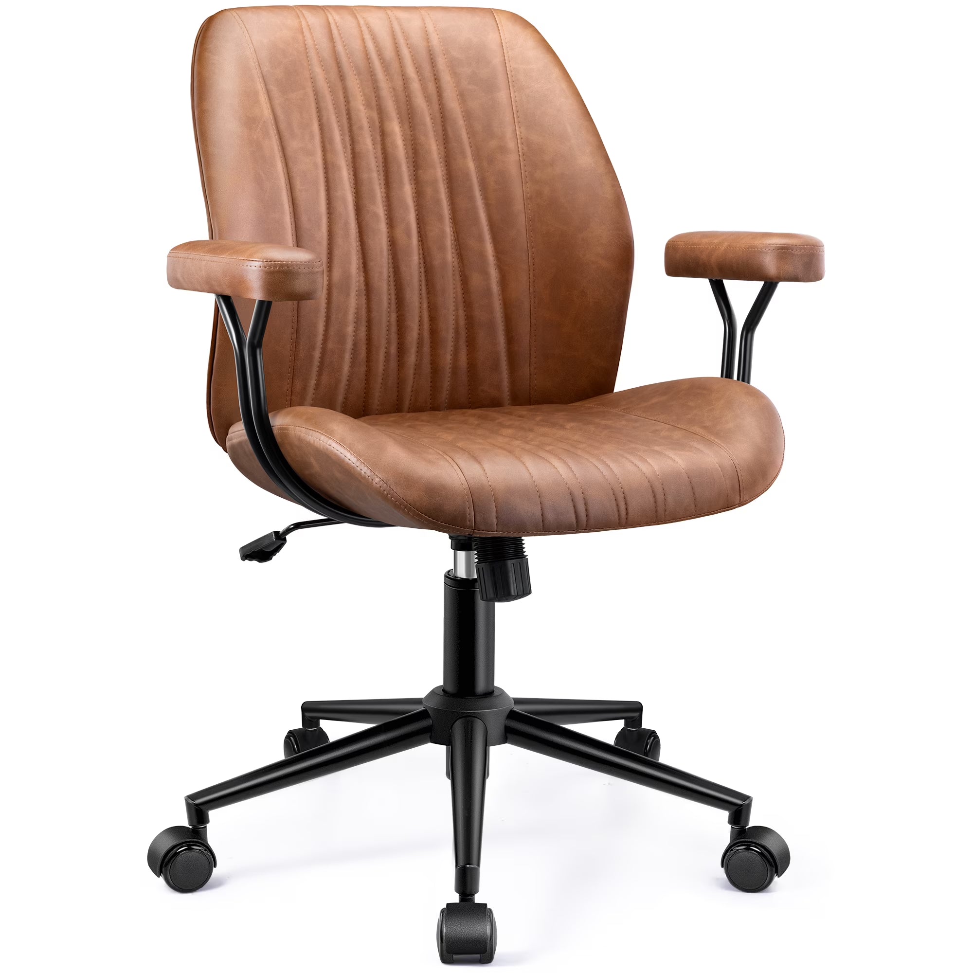 COOLHUT Home Office Chair, PU Leather Ergonomic Computer Desk Chair with Removable Armrests, Mid Century Modren Executive Chair with Lumbar Support, Adjustable Height Rocking Swivel Task Chair, Brown