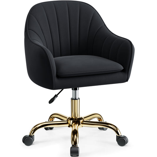 COOLHUT Office Desk Chair with Padded, Velvet Vanity Chair with Back and Wheels, Comfy Home Office Chiar with Gold Legs, Height Adjustable, Rolling Chair for Vanity Room, Makeup Room