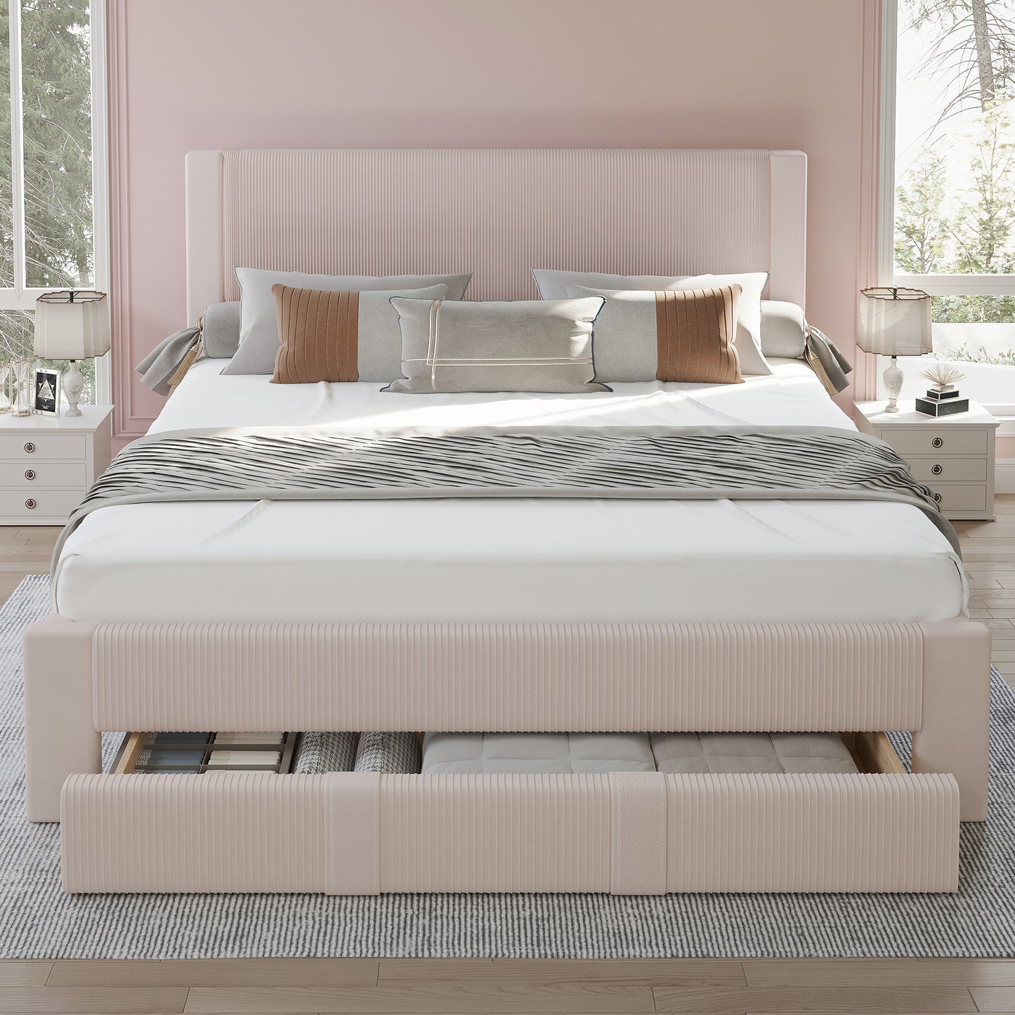 CooHut Bed Frame with Storage Drawers，12-Slats Solid Wooden Support Bed Frame