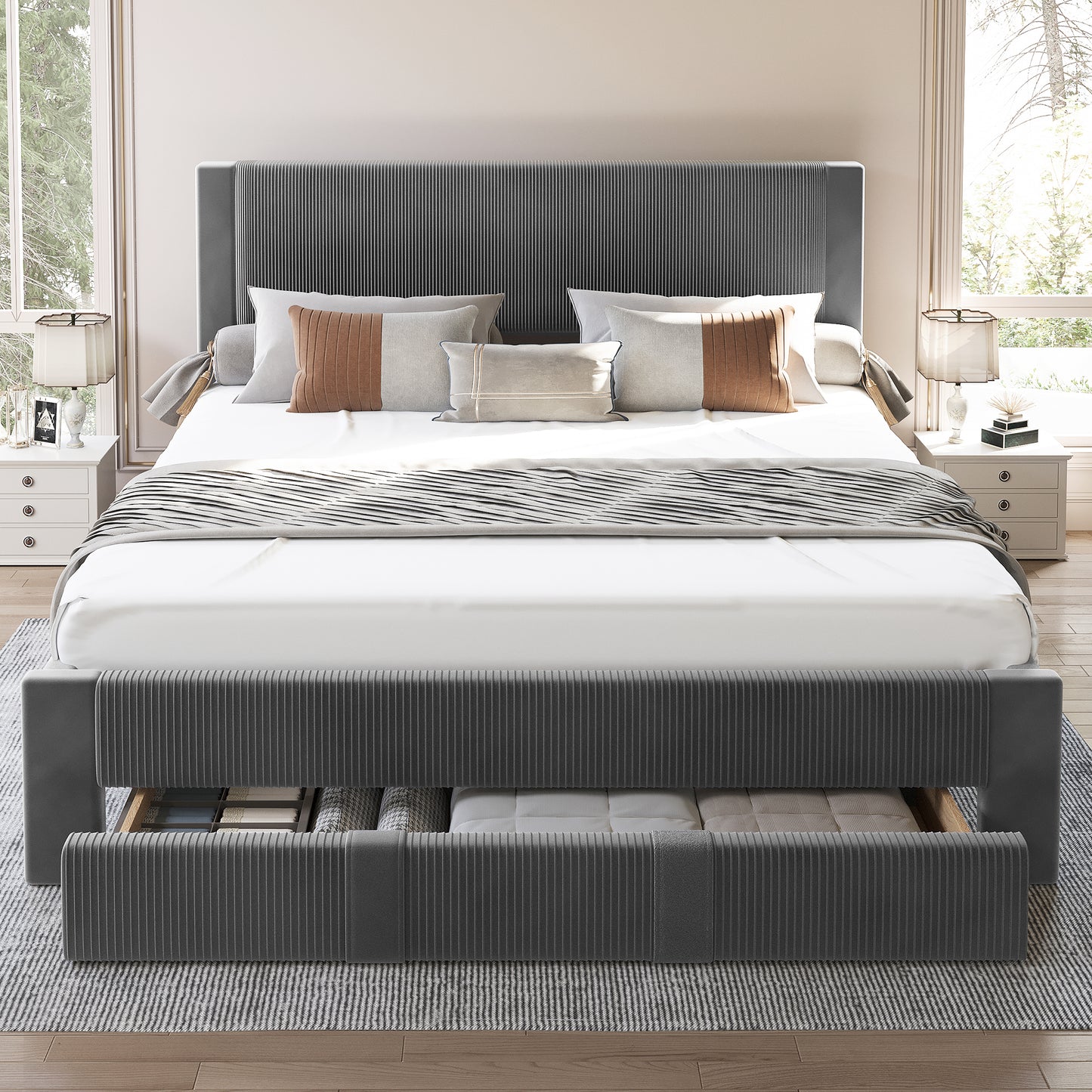 CooHut Bed Frame with Storage Drawers，12-Slats Solid Wooden Support Bed Frame