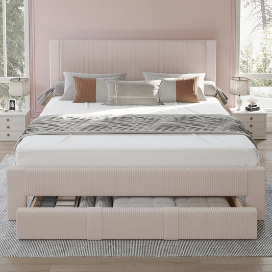 CooHut Bed Frame with Storage Drawers, 12-Slats Solid Wooden Support Bed Frame, Velvet Platform Upholstered Headboard, No Box Spring Needed
